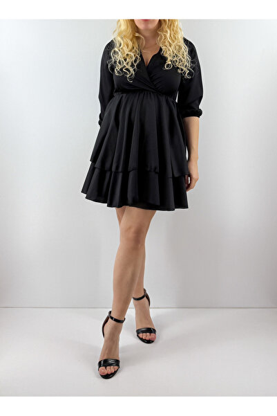 Modaonna Layered Detailed Black Satin Dress