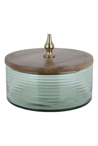 Generic طبق حلويات زجاجي من معرض السيف، 17×17×10 سم، مع غطاء خشبي - بني شفاف