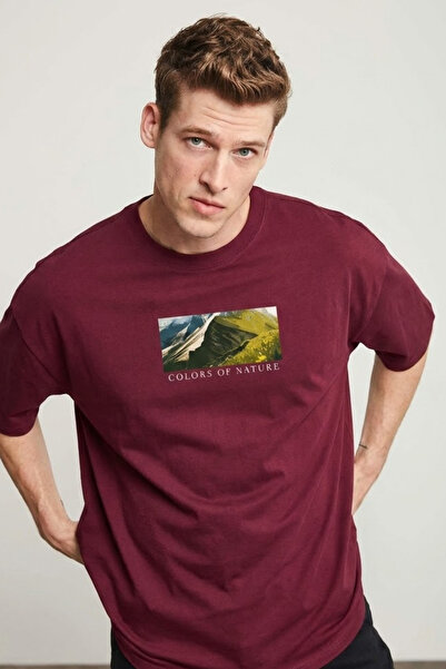 COMBİNE MİCHAİL Men's Landscape Printed Oversize Claret Red T-Shirt