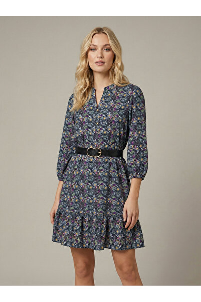 NEW JOURNAL Women's Navy Blue Floral Patterned Belted Mini Dress Rop14
