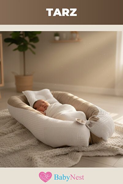 Babynest Premium Bebek Yatağı %100 Pamuk Waffle Yenidoğan Uyku Yuvası Ortopedik 0-12 Ay