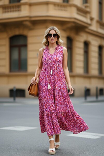 Mossta V-Neck Lace-Up Sleeveless Long Single Jersey Dress - Pink