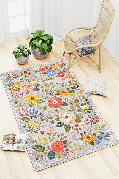 Mortapi Eskitme Floral Desen Baskılı Yıkanabilir Kaymaz Halı Salon Oturma Oda...