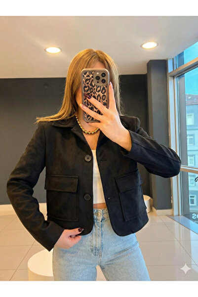 Ecenin Favorileri Black Color Suede Short Women's Jacket with Flap Pockets