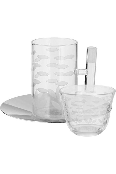 Generic طقم فناجين وصحون زجاجية من معرض السيف، 18 قطعة، مع صحون من الفولاذ ال...