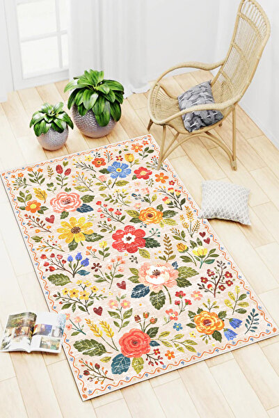 Mortapi Eskitme Floral Desen Baskılı Yıkanabilir Kaymaz Halı Salon Oturma Oda...
