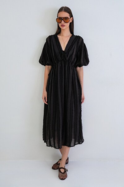 Trend Alaçatı Stili Women's Bitter Brown V-Neck Watermelon Sleeve Dobby Skirt...