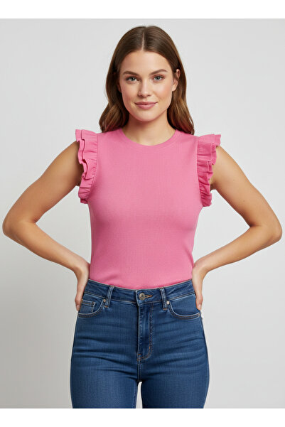 NEW JOURNAL Women's Pink Crew Neck Ruffle Ribbed Blouse Jf16