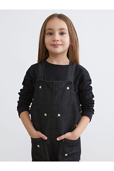 LC Waikiki Girls' Dungarees in Denim with Floral Embroidery