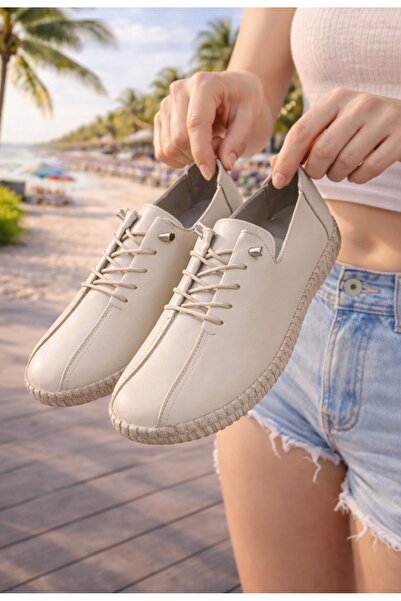 Anıl Ayakkabı B1 2480 Pantofi de damă, BEJ, crem, din piele naturală, cu șire...