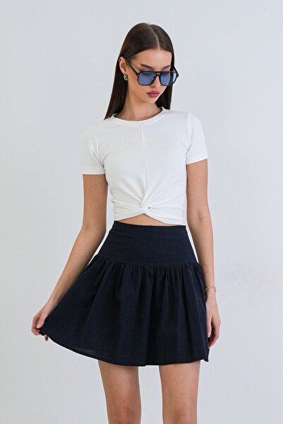 Trend Alaçatı Stili Дамска тъмно синя мини пола от лен с скрит цип Alc-X15380