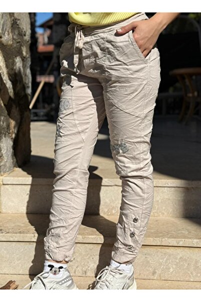 Punta Otantik Pt48011 Kiss Stone Embroidered Italian Cotton Trousers Cream