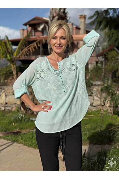 Punta Otantik Yg18297 Embroidered Sequin Detailed Blouse Mint