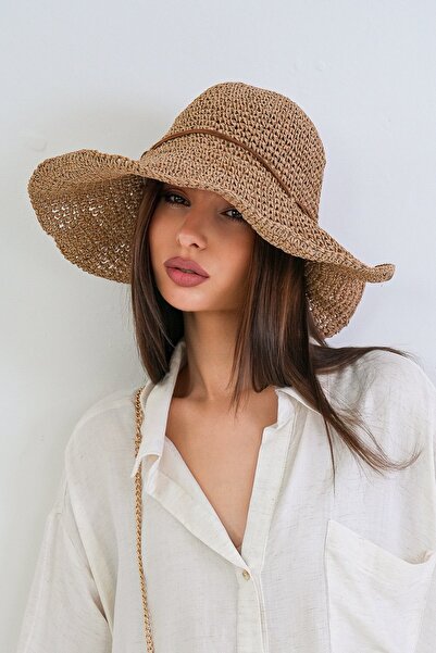 Trend Alaçatı Stili Women's beige leather bowknot straw knitted beach hat alc...