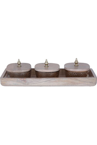 Generic Al Saif Gallery glass yogurt set, 4 pieces, wooden tofir, lid - brown