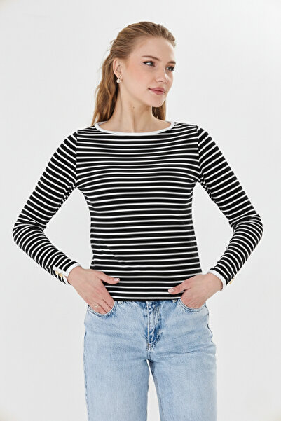 Sortie Women's Button Detail Boat Neck Ottoman White Striped Blouse