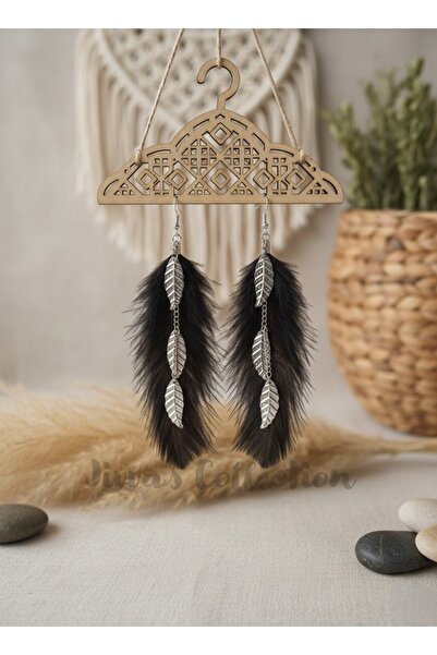 Jivva's Collection Bohemian Dark Brown Feather & Leaf Figured Long Dangle Ear...