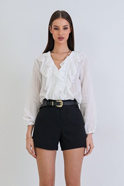 Trend Alaçatı Stili Women's Black Wide Belted Woven Mini Shorts Alc-X15381