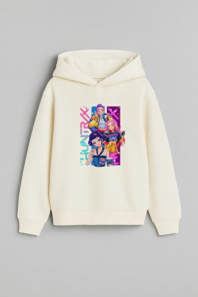 AYDESİGN K-Pop Demon Hunter Printed Children's Ecru Hooded Sweatshirt