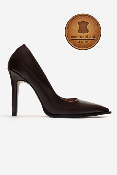 Ayakkabı Ateşi Genuine Leather Brown Patent Leather Pointed Toe Flat Sole Sti...