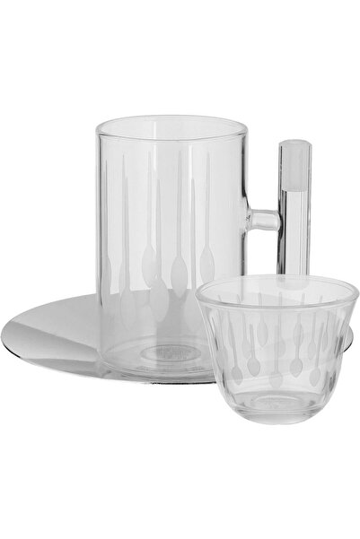 Generic طقم فناجين وصحون زجاجية من معرض السيف، 18 قطعة، مع صحون من الفولاذ ال...