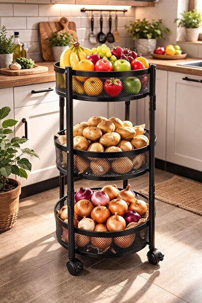 VENON Siyah Katlanır Metal Tekerlekli 🧅 Patates Soğanlık 🥔 3 Katlı Pratik S...
