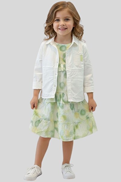 ww waka waka kids store Girl's Green Tie-Dye Patterned Layered Dress and Whit...