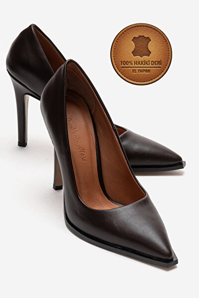 Ayakkabı Ateşi Genuine Leather Brown Leather Pointed Toe Flat Sole Stiletto H...