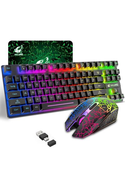 Generic لوحة مفاتيح وماوس لاسلكيان للألعاب بإضاءة خلفية LED بألوان قوس قزح، 8...