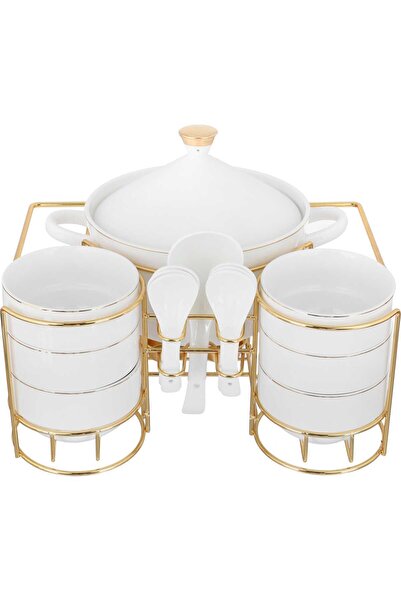 Generic Al Saif Gallery porcelain soup set, 15 pieces, gold-white stand