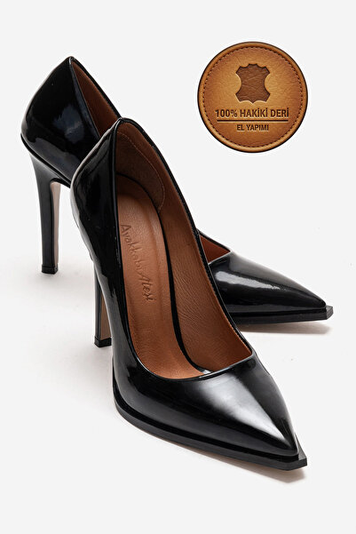 Ayakkabı Ateşi Genuine Leather Black Patent Leather Pointed Toe Flat Sole Sti...