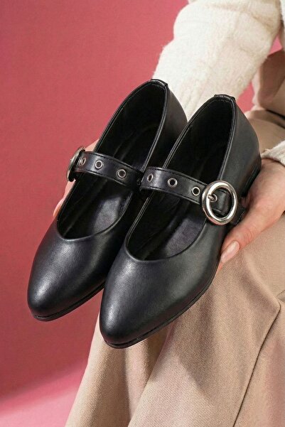 FUGA MODA Balerini Allegra din piele neagră cu cataramă cu inel din nichel și...