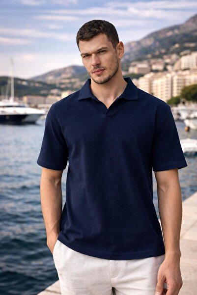 Valiberta Waffle knit polo shirt - relaxed fit, buttonless men's t-shirt - navy