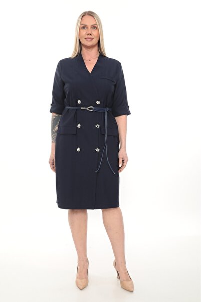 etselements Double Breasted Collar Dress with Buttons and Tie Belt Ets7291