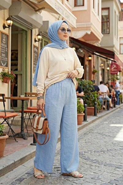 adamila Kadın Keten Kumaş Bli Lastikli Geniş Paça Günlük Tesettür Pantolon