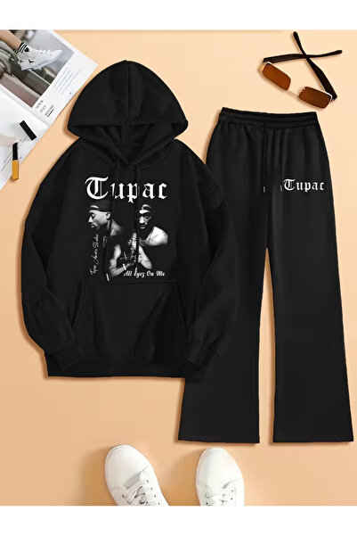 COMANCHERO Unisex Hip-Hop Tupac Printed Hooded Wide Leg Baggy Tracksuit Set B...