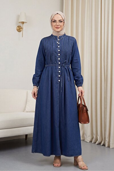 Modamorfo Elastic Sleeves, Lace-Up Waist, Half-Buttoned Denim Dress - Navy