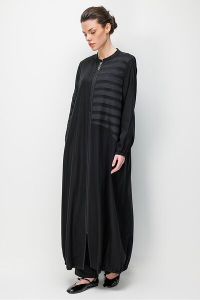 Micca 100% Natural Lyocell Draped Soft Feel Handmade Band Detailed Robe - Black