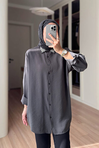 Ka Hijab Cămașă cu guler brodat cu pietre - Gri