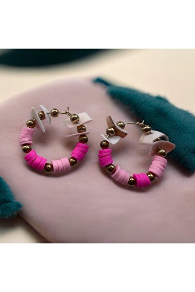 ALS Tasarım Dünyası Pink Color Hoop Bead Earrings