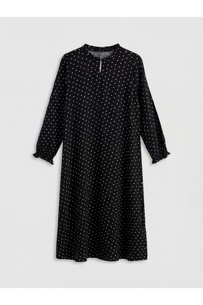 LC Waikiki Giyçık Store Black Ruffled A-Line Dress with Mock Neck Stones