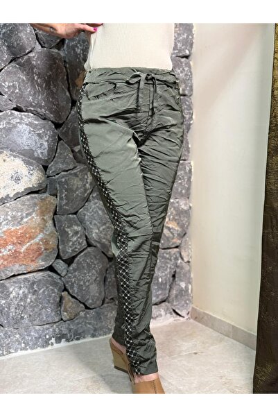 Punta Otantik Yg62060 Italian Satin Trousers with Stones on the Sides Green