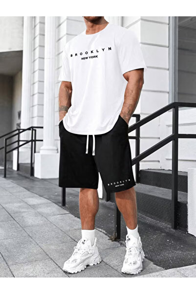 bellanova Men's Oversize Printed Shorts T-Shirt Set Streetwear Bottom-Top Com...
