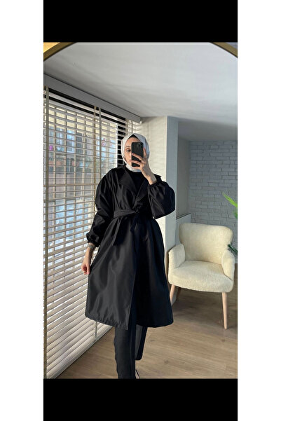 AuraWear Siyah Kuşaklı Trençkot Kadın Oversize Uzun Trençkot
