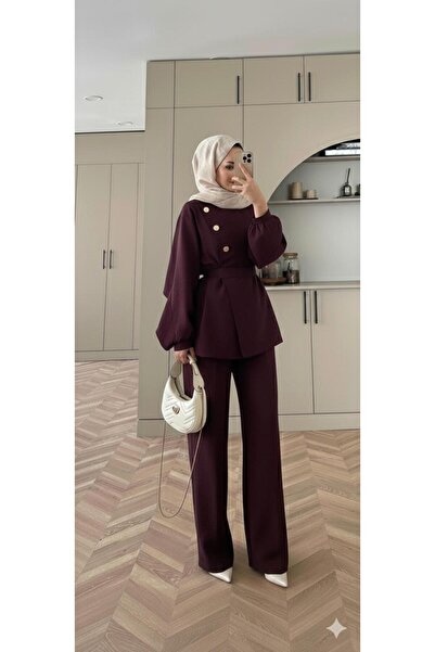 YS BUTİK ROSE PELERİN DETAYLI PANTOLONLU TAKIM