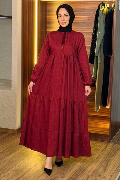 Bestenur Rochie cu jumătate de nasturi 1689 - Roșu Claret