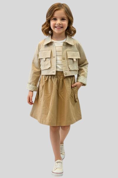 ww waka waka kids store Girl's Beige Crop Jacket and Camel Skirt 3-Piece Set