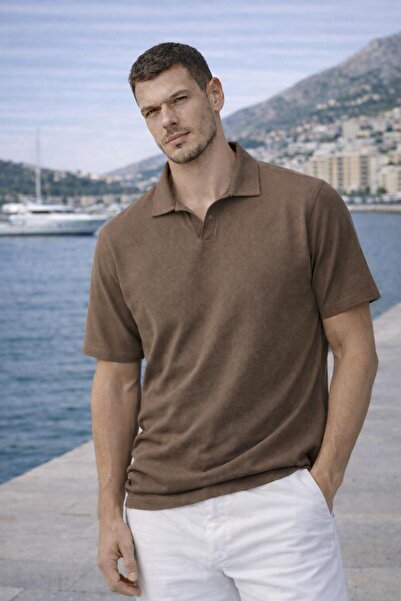 Valiberta Waffle Fabric Polo Collar Relaxed Fit Buttonless Men's T-Shirt - Ka...