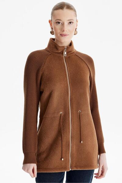 Tığ Triko Reglan Kollu Triko Kombinli Mont AÇIK KAHVE