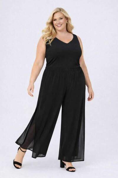angelino butik Büyük Beden Geniş Paçası Dökümlü Yırtmaçlı Abiye Pantolon ND4023